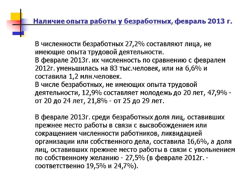 Наличие опыта работы у безработных, февраль 2013 г.   В численности безработных 27,2%